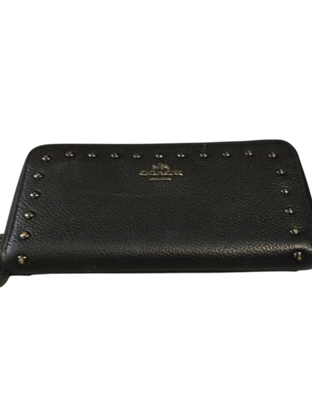 Coach Black Studded Zip Around Pebbled Leather Logo F23505 Classic Long Wallet